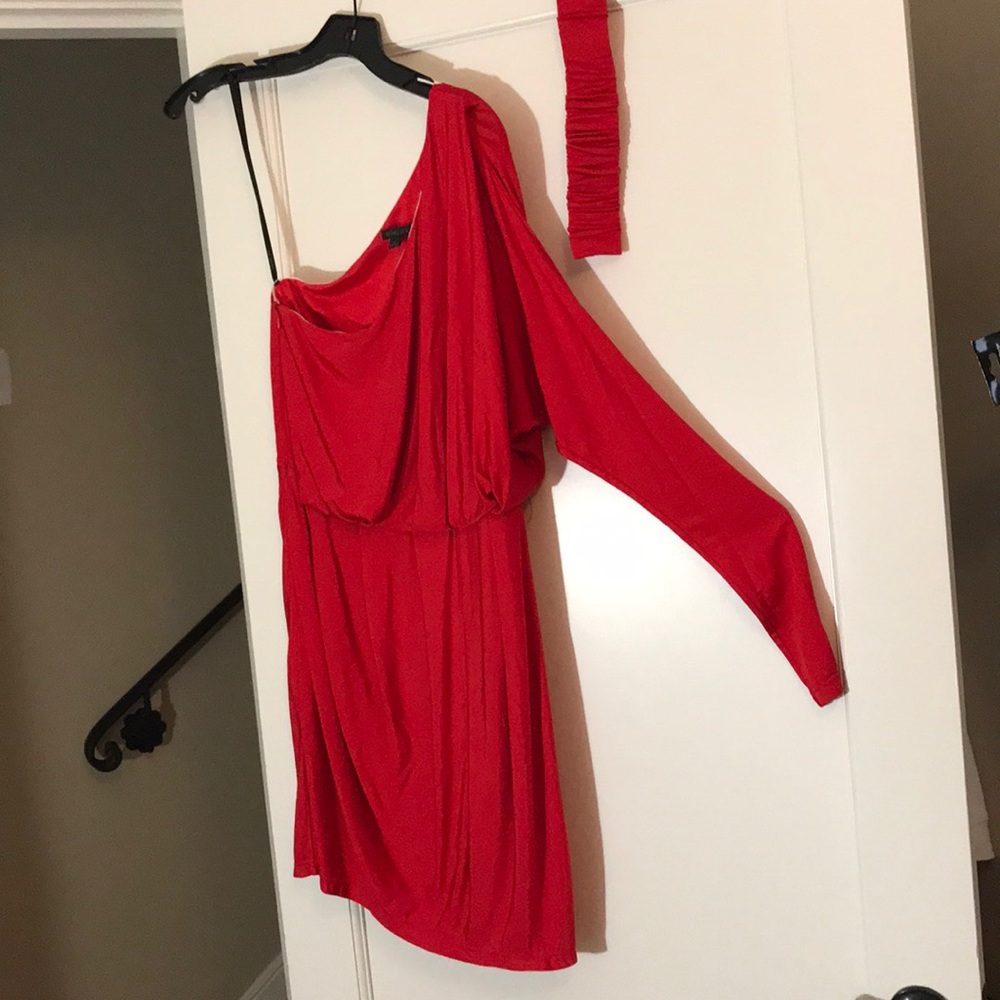 Red dress one shoulder long sleeve